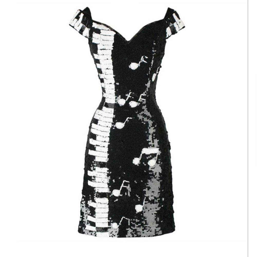 Vintage 1980s Black White Piano Keys Off Shoulder Sequin Beaded Mini Dress SM